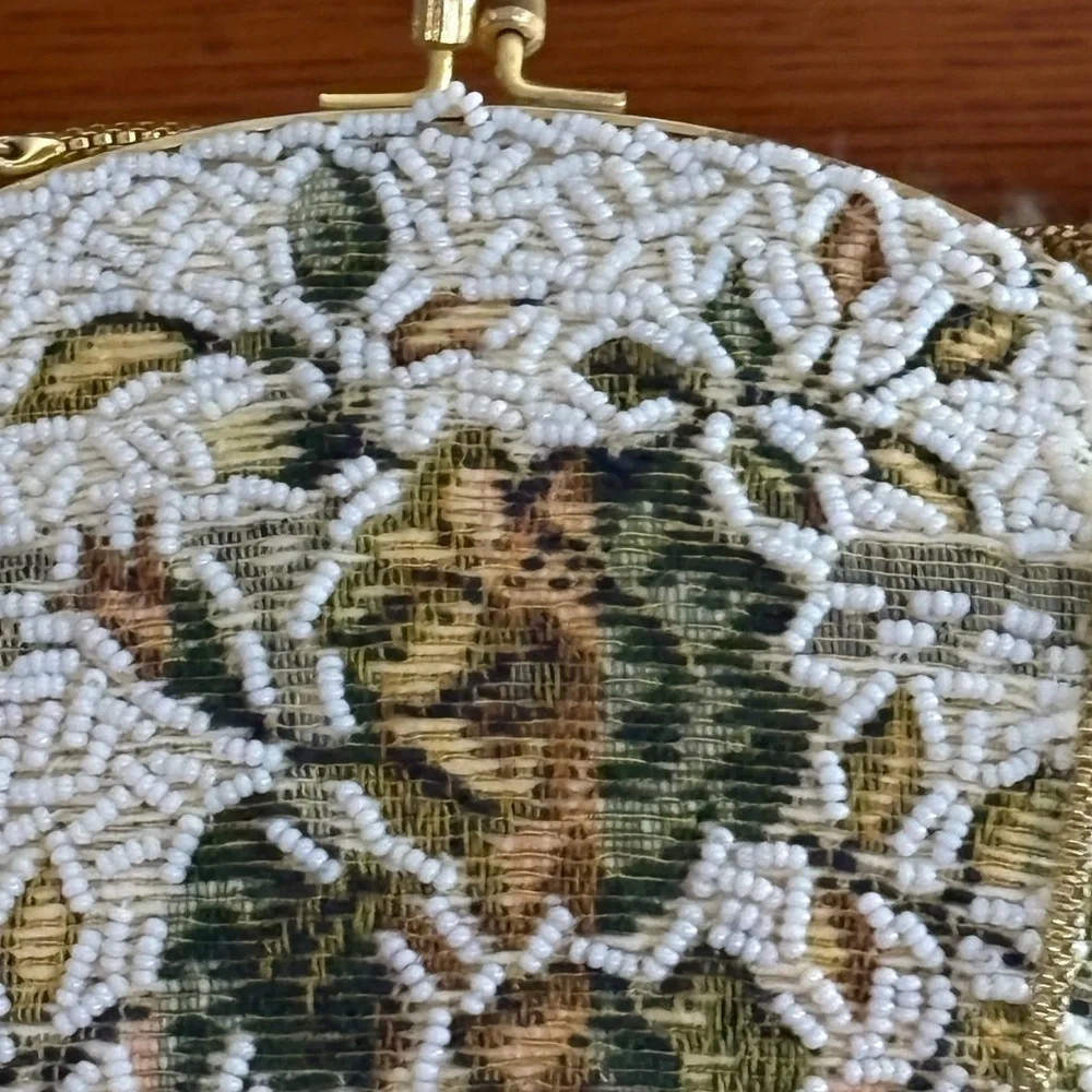 Vintage Handmade Beaded Floral Evening Satchel Bag with Gold Chain Strap